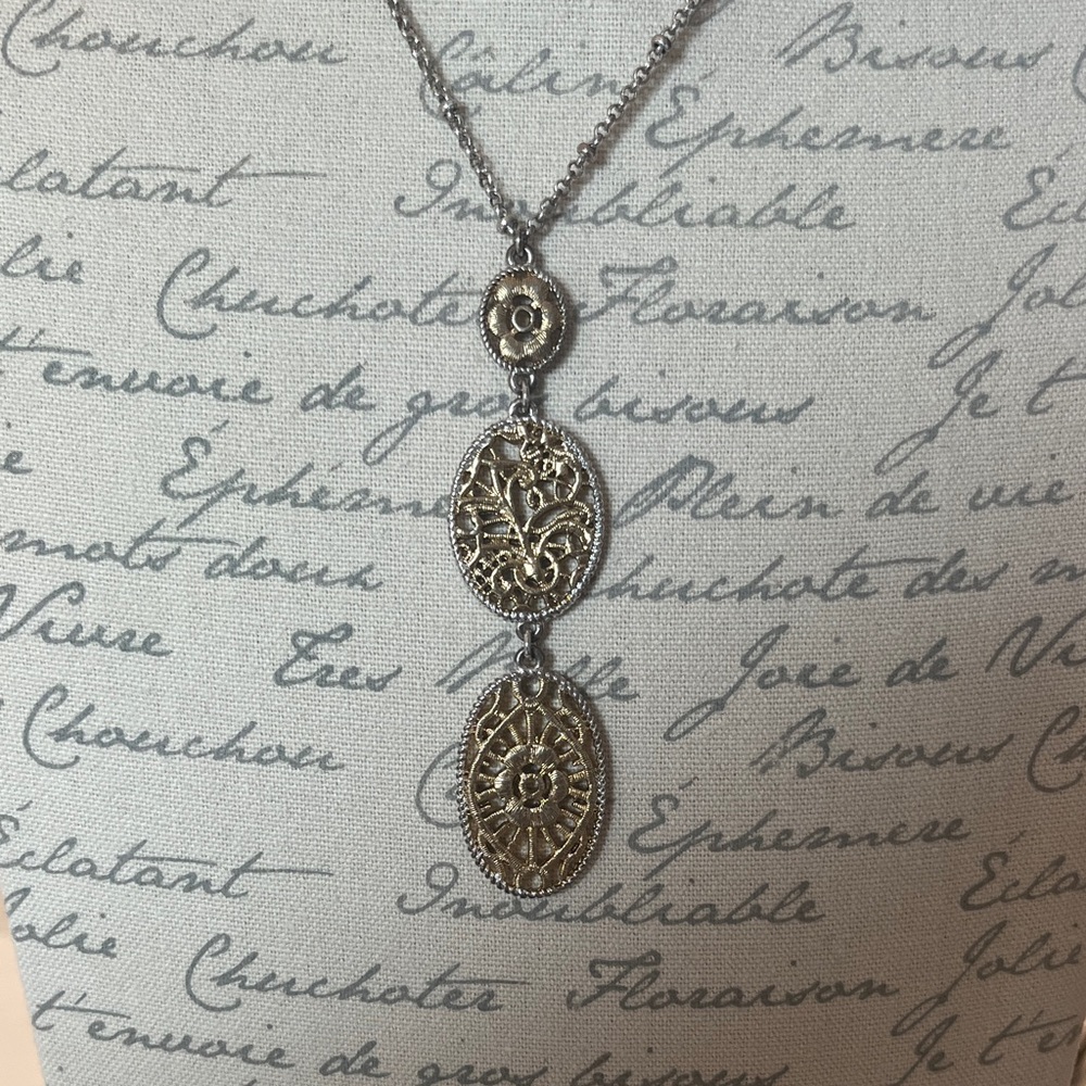 Monet Silver/Gold-Tone Three Oval Filigree Pendant Necklace